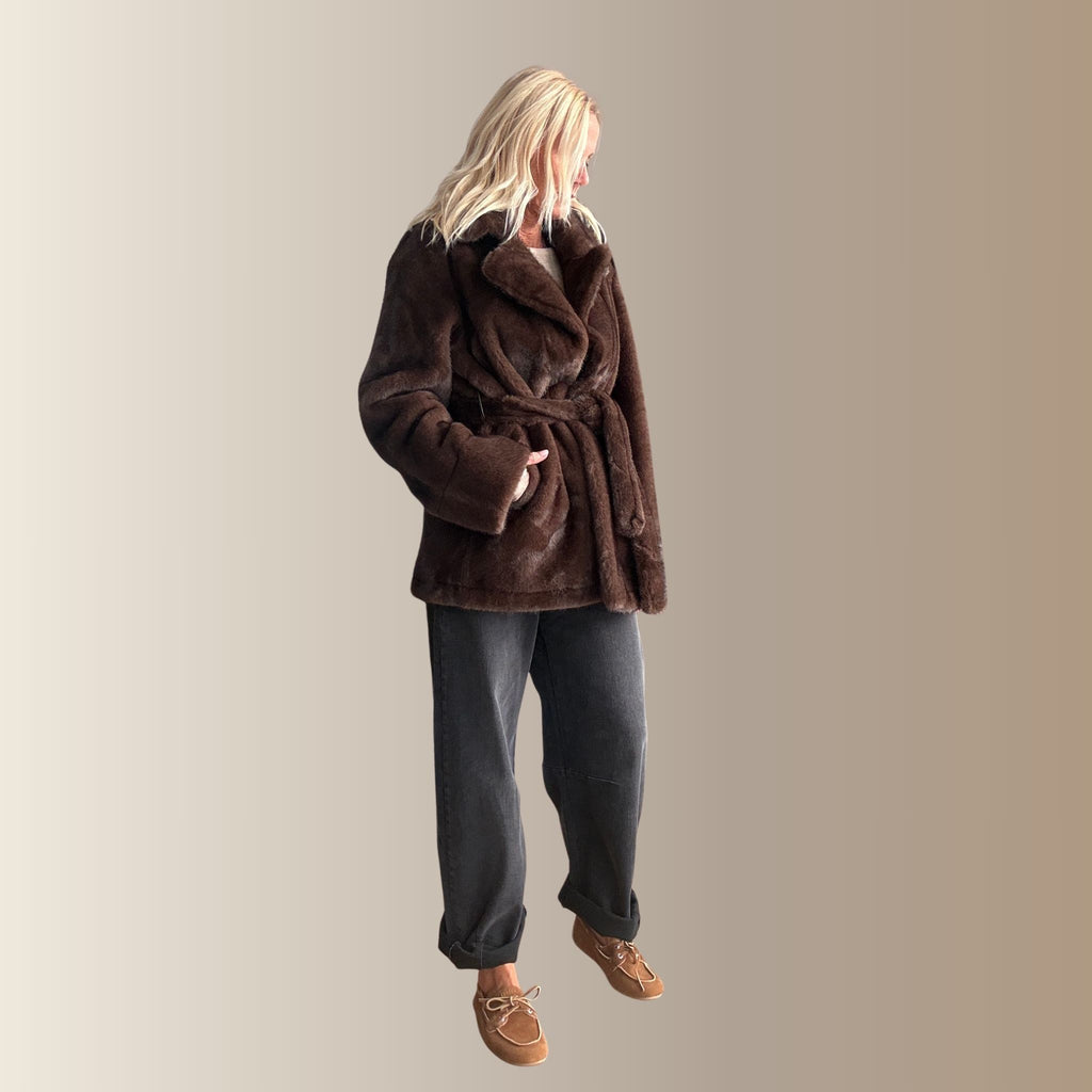 JOVIEN MARRON - Manteau ceinturé fourrure