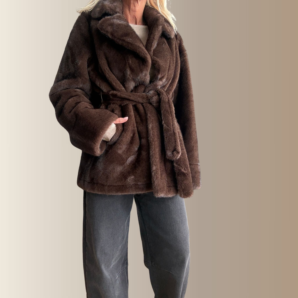 JOVIEN MARRON - Manteau ceinturé fourrure