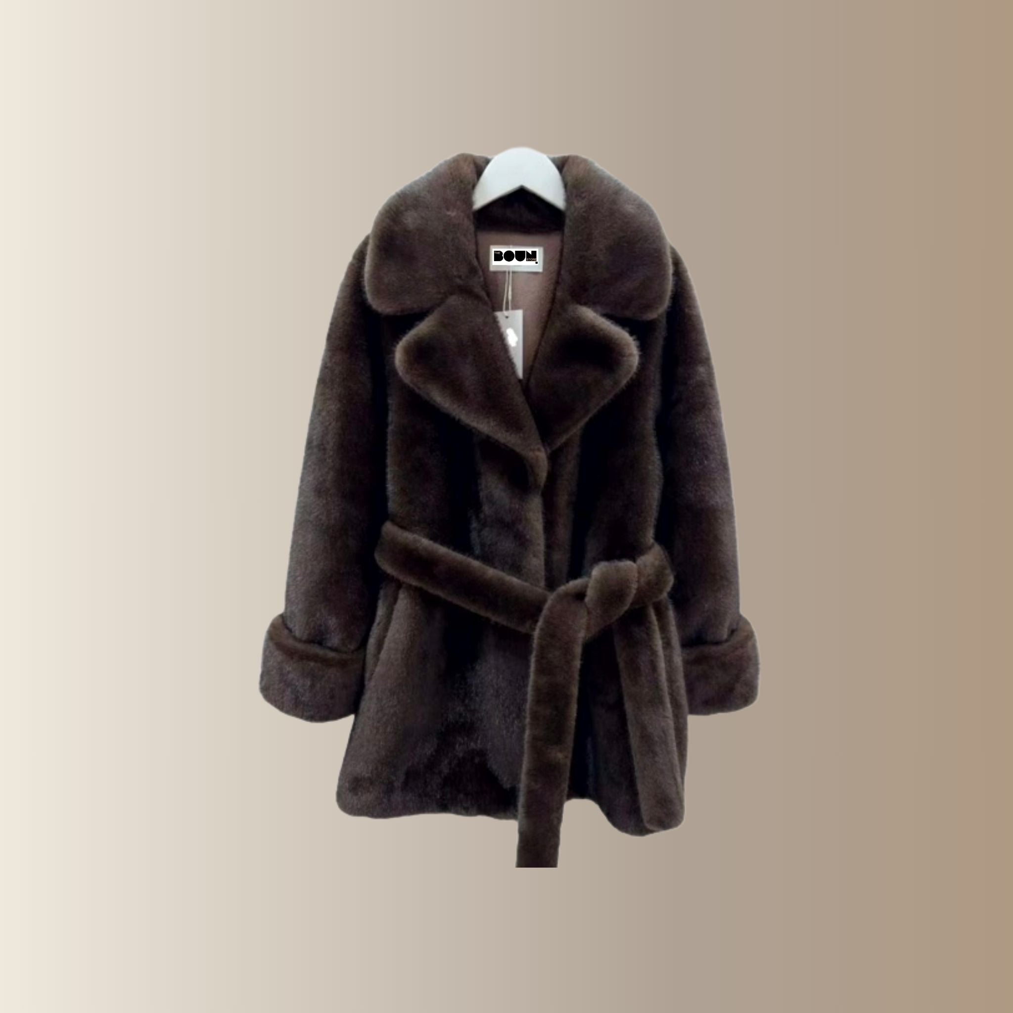 JOVIEN MARRON - Manteau ceinturé fourrure