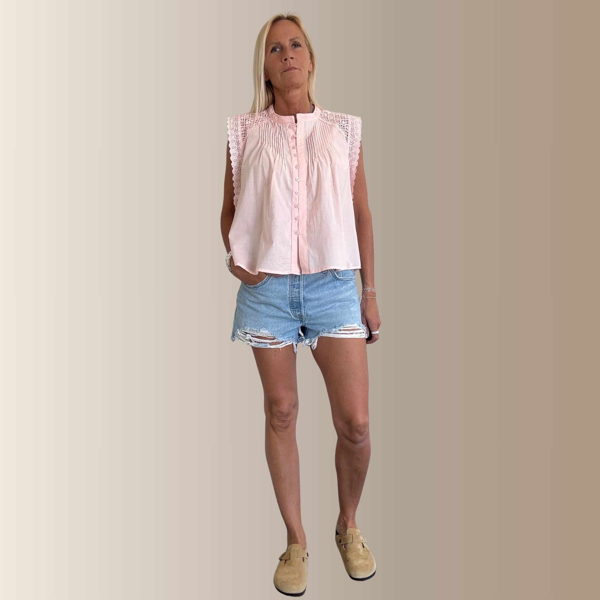 ELOWEN ROSE PÂLE – Chemise sans manches en voile de coton