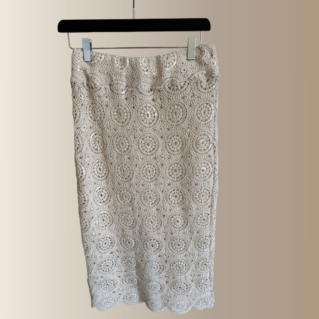SYLÈNE ÉCRU – Jupe crayon midi en crochet