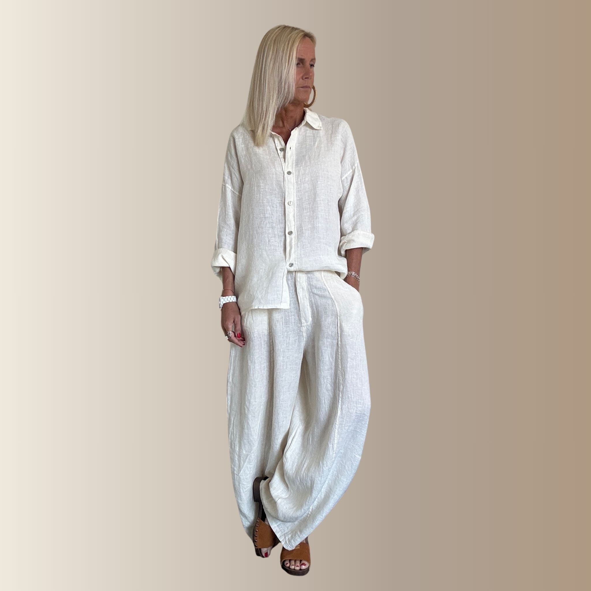 PABLO ÉCRU – Pantalon barrel oversize en lin