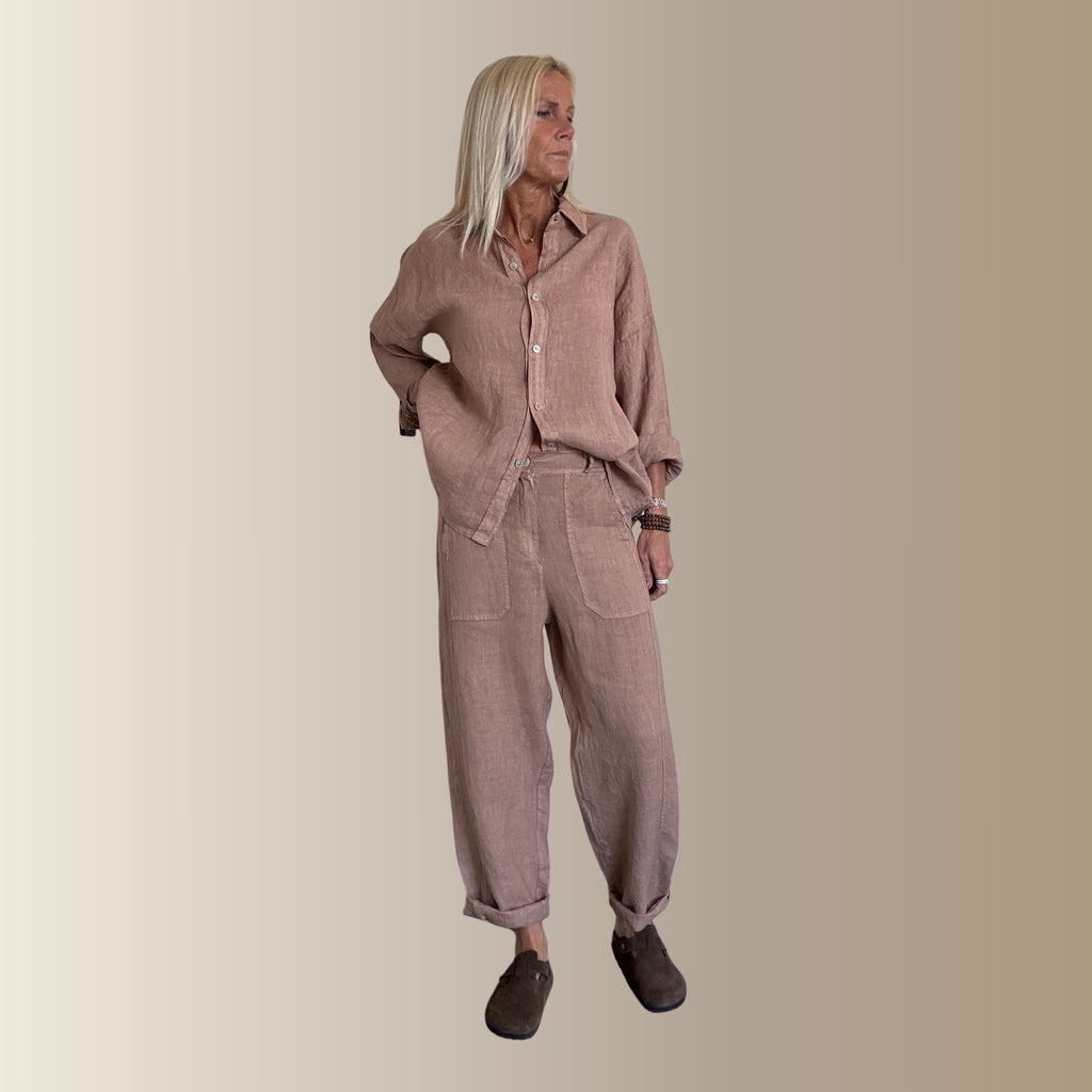 PAOLO MARRON CLAIR – Pantalon barrel en lin