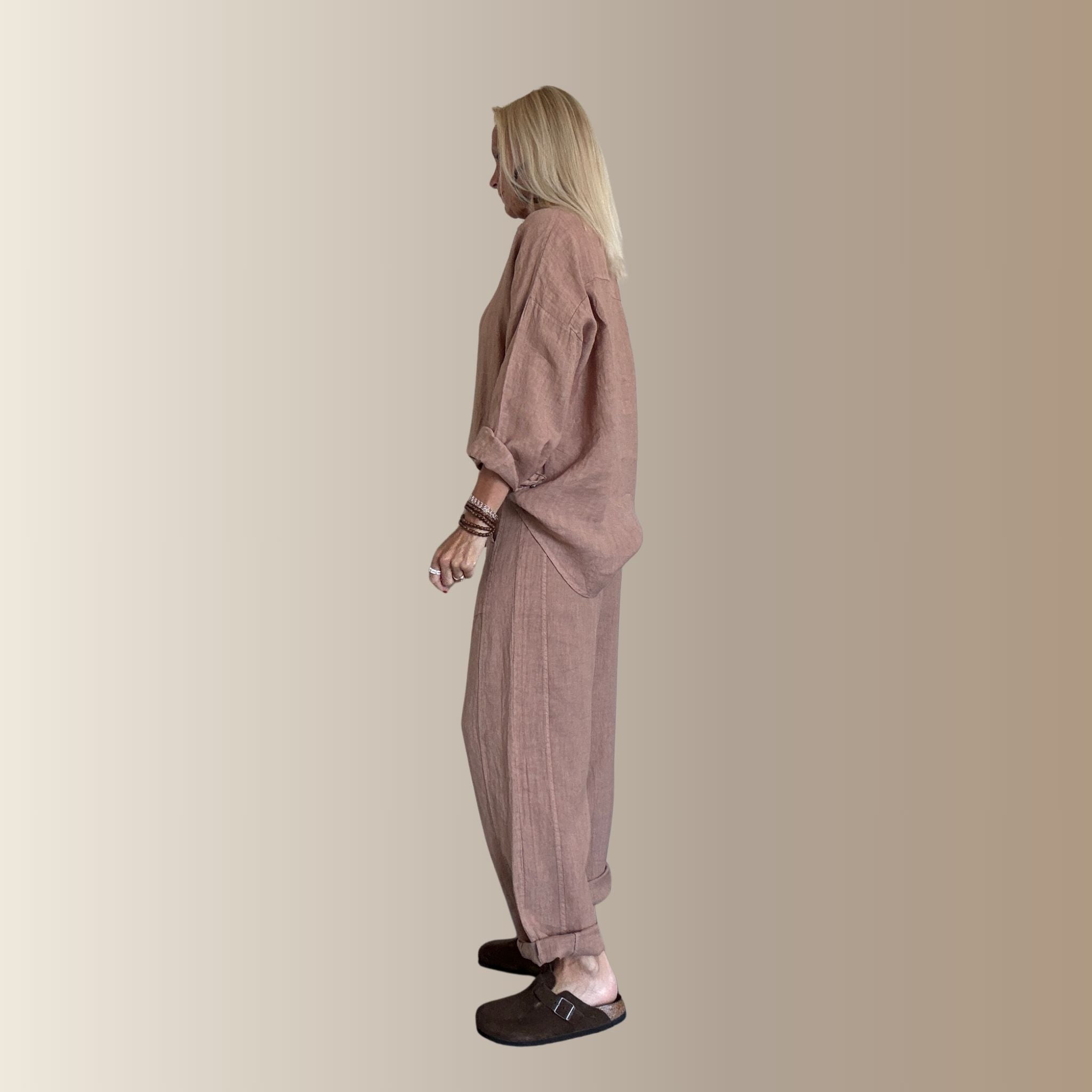 PAOLO MARRON CLAIR – Pantalon barrel en lin