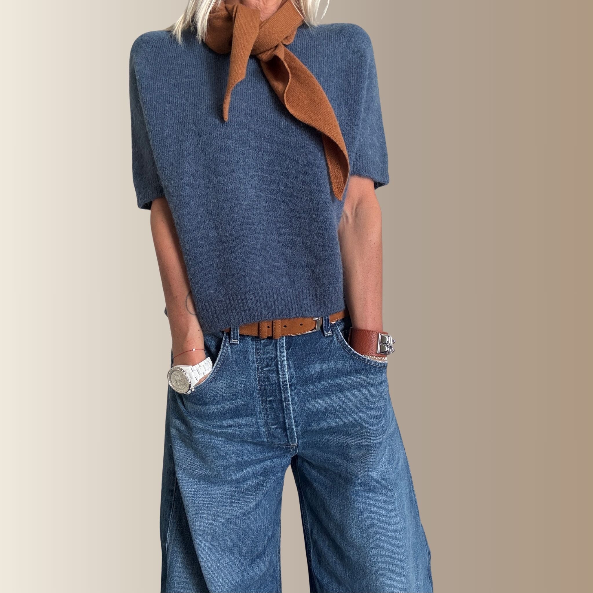 VALENTIN BLEU JEAN – Pull manches courtes en baby alpaga