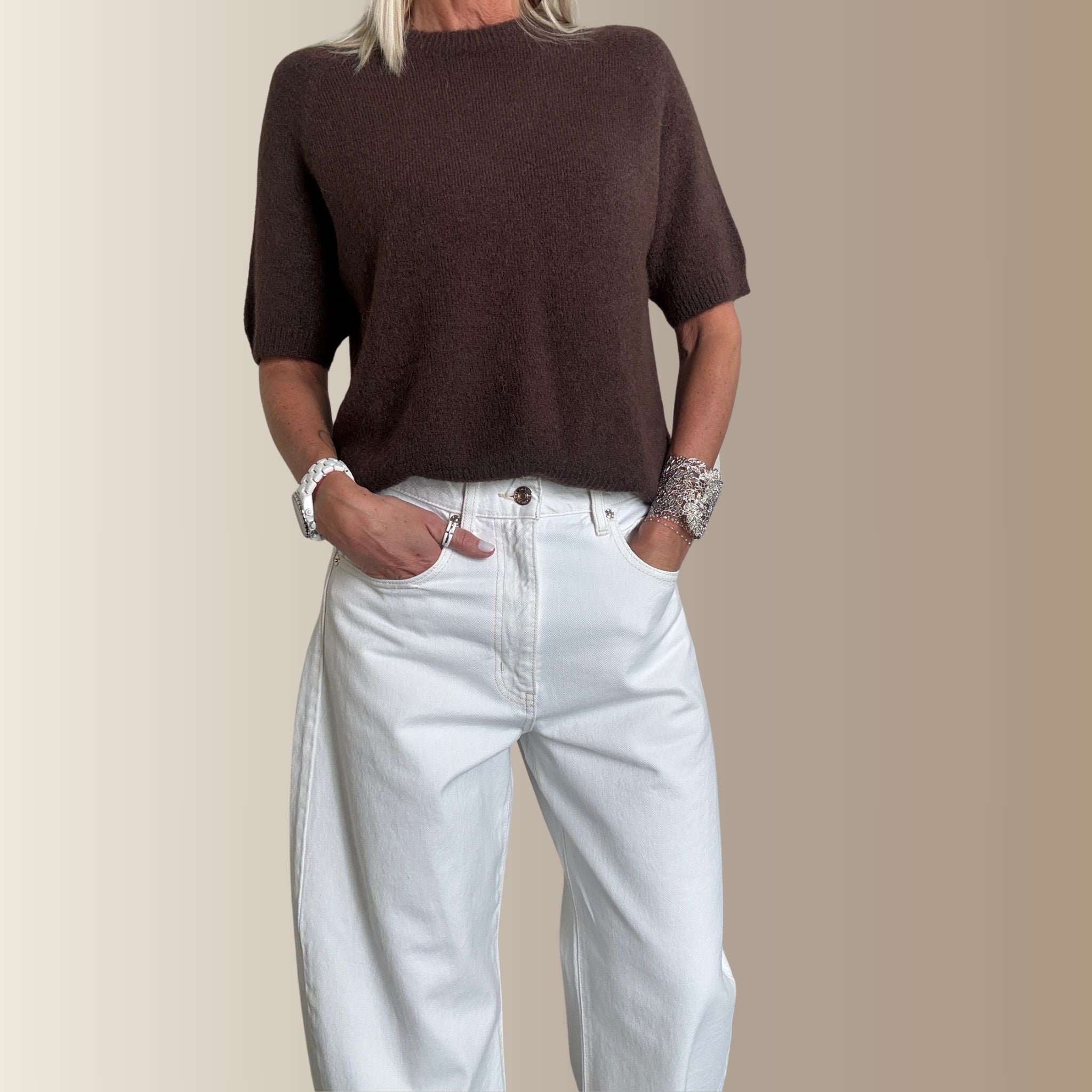 VALENTIN MARRON – Pull manches courtes en baby alpaga