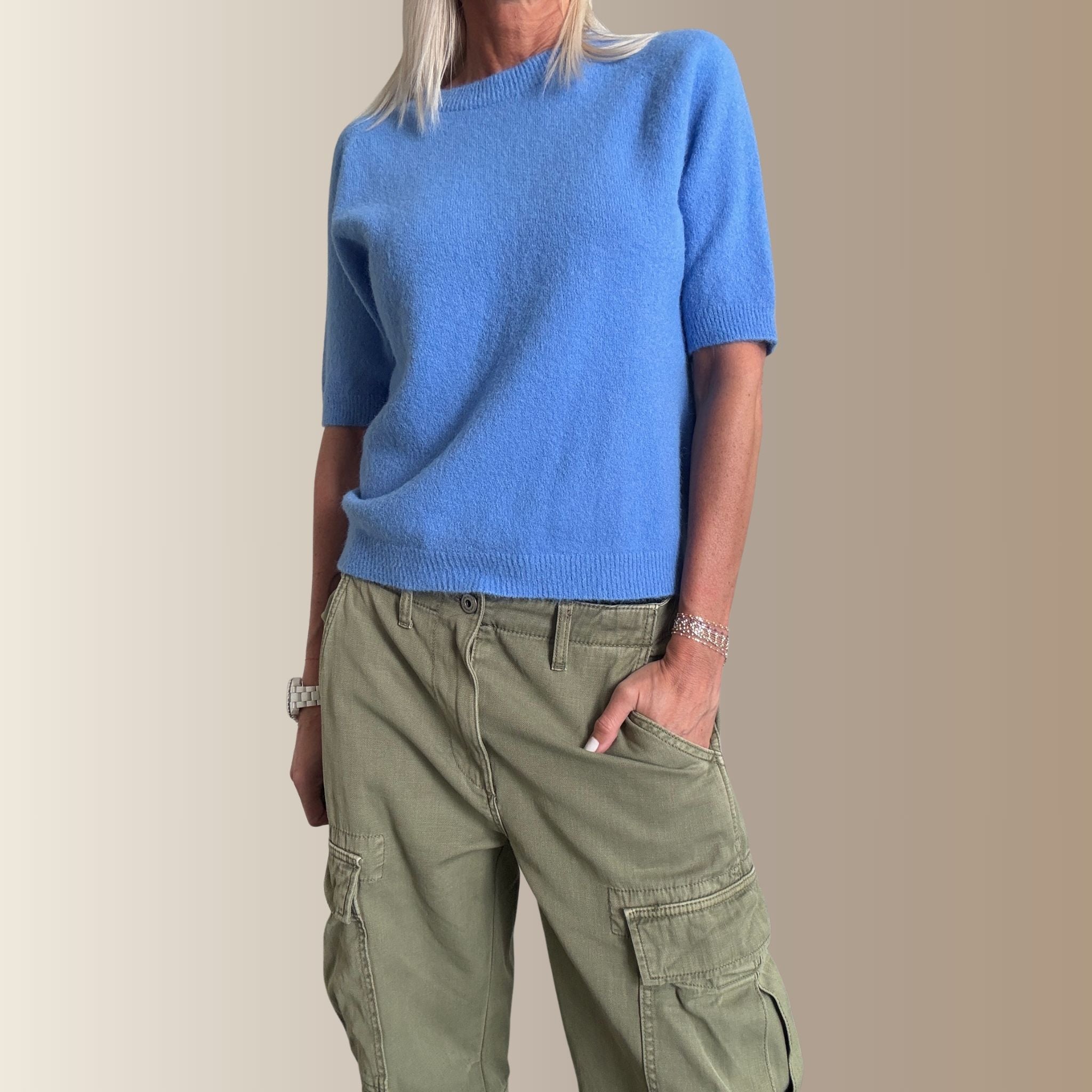 HECTOR BLEU LAVANDE– Pull manches courtes en baby alpaga